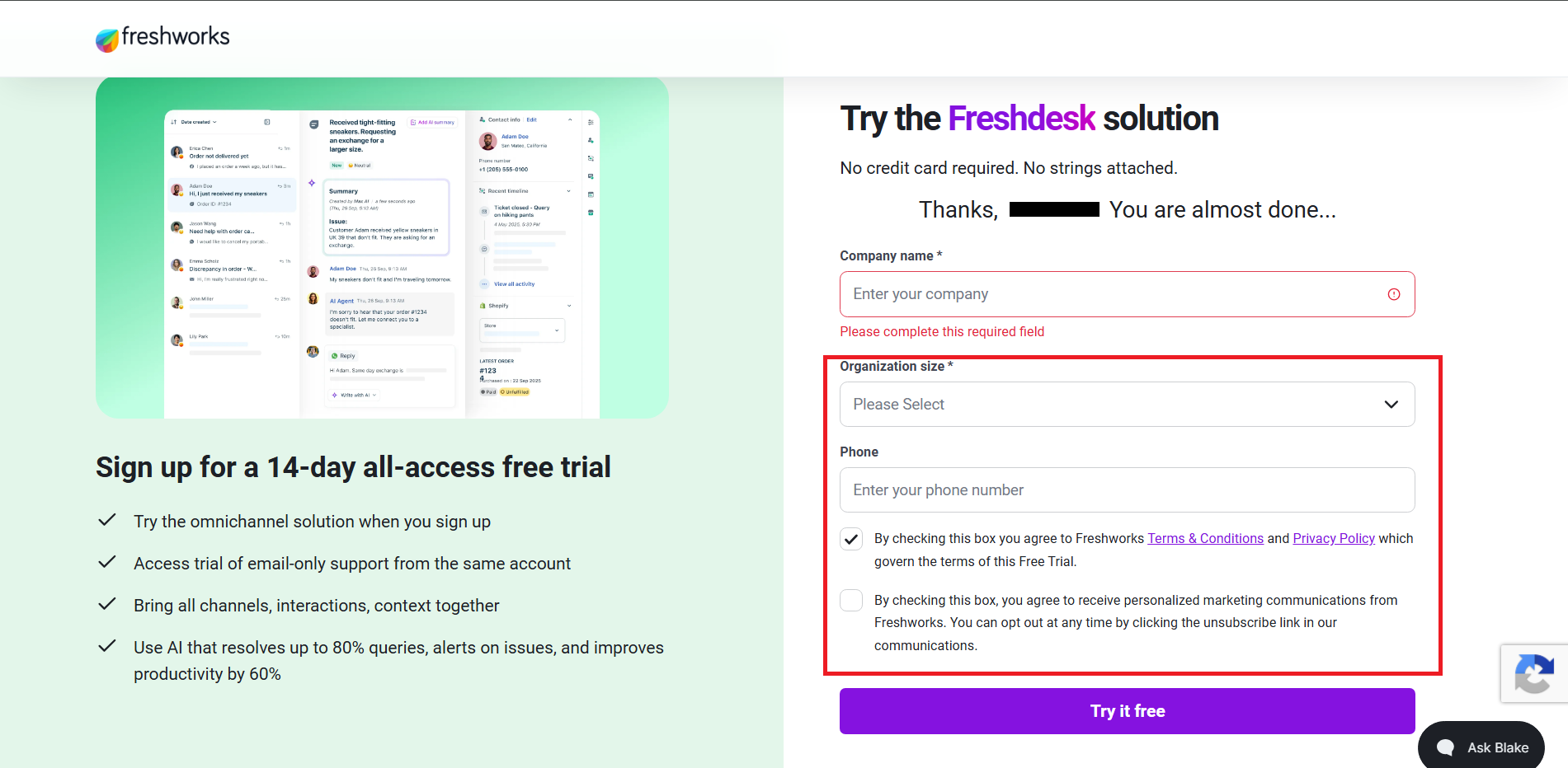 Screenshot annotation — Signup form