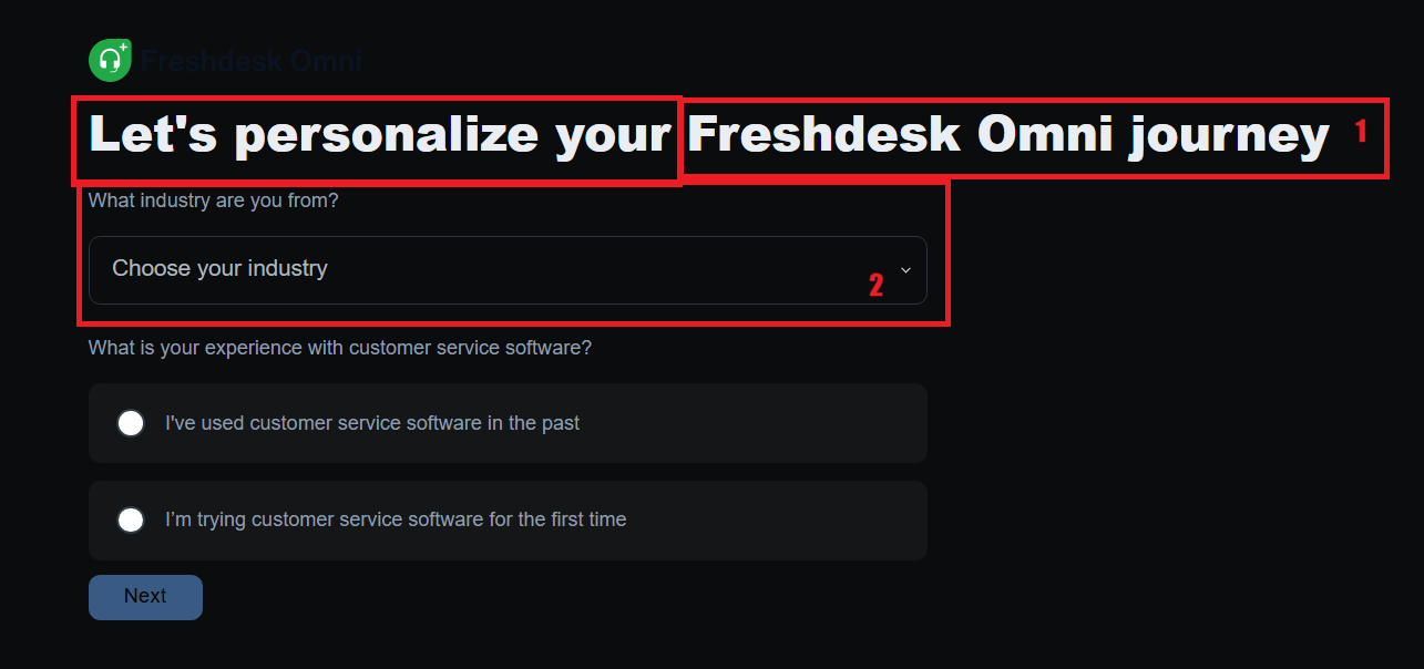 Screenshot annotation — Personalisation questionnaire