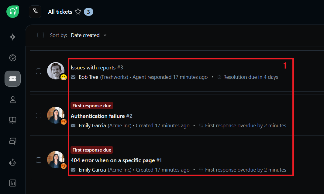 Screenshot annotation — Ticket inbox